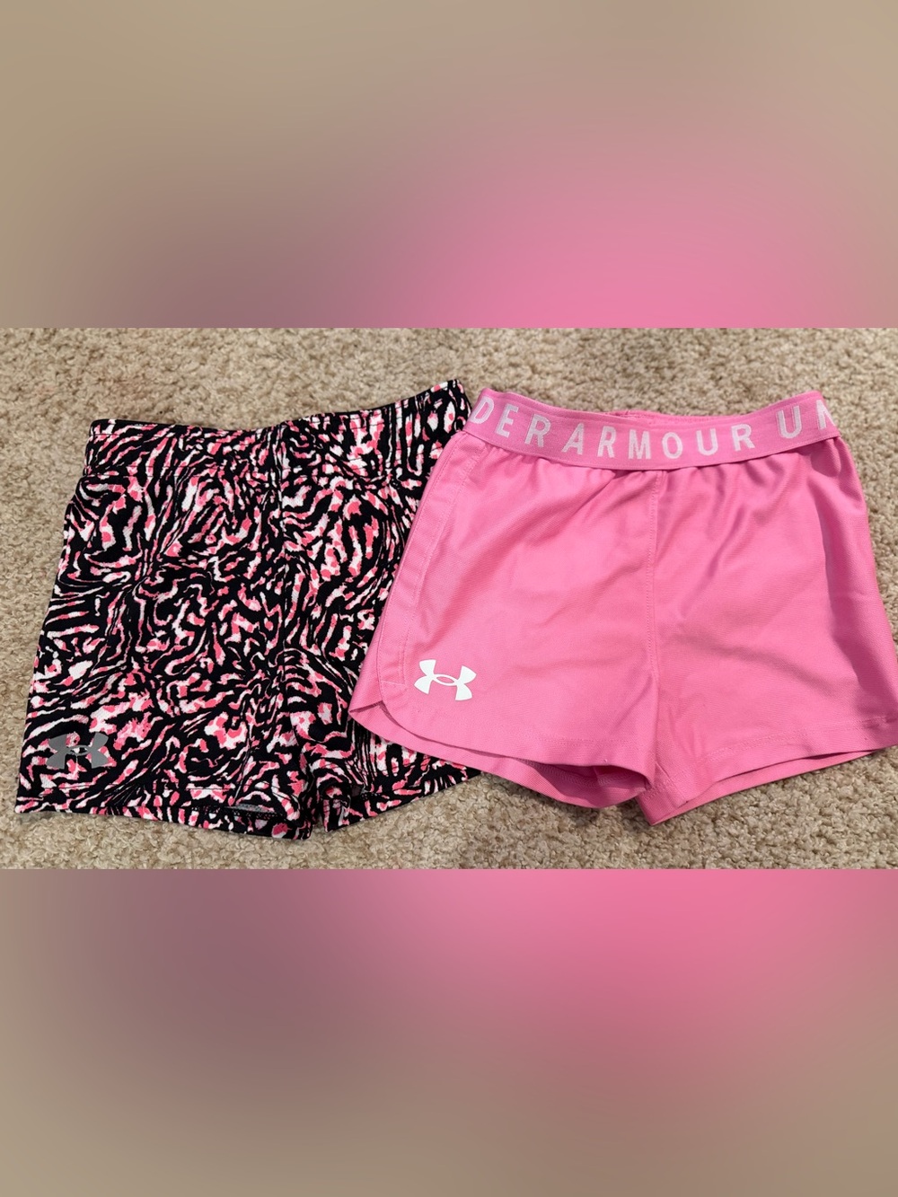 Under Armour kids Pink Athletic Shorts with Black & Pink Patterned Liner